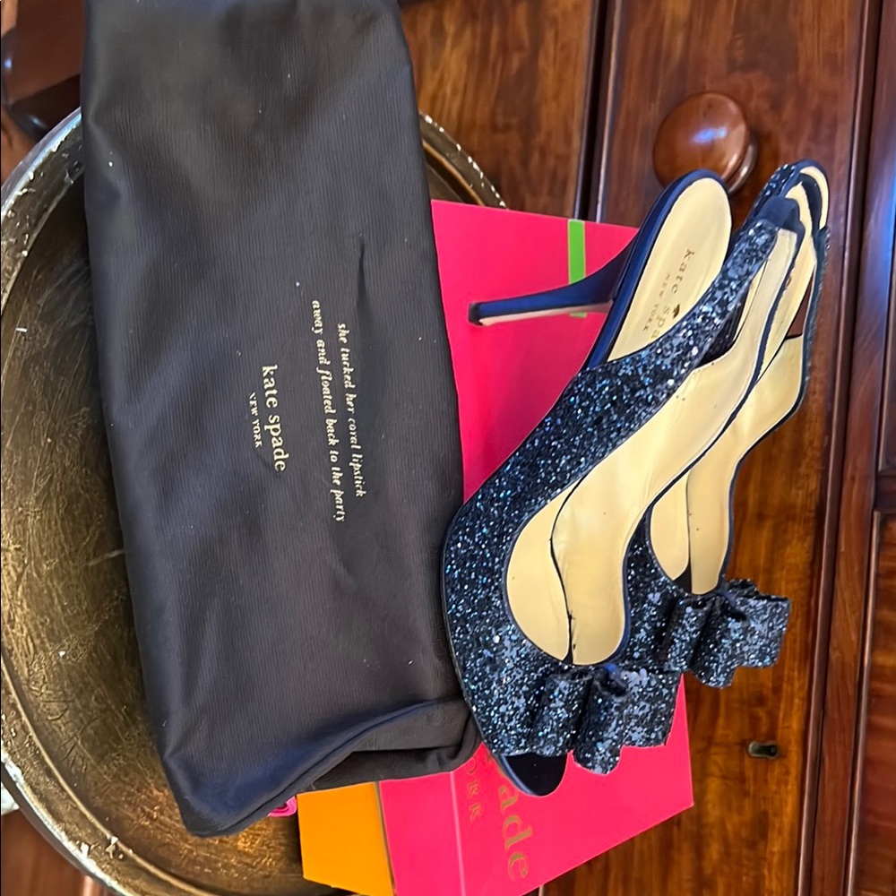 kate spade navy glitter bow slingback pumps